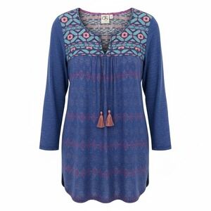 One September Anthropologie Majorelle Ikat Floral Embroidered Top Tassel Boho XL